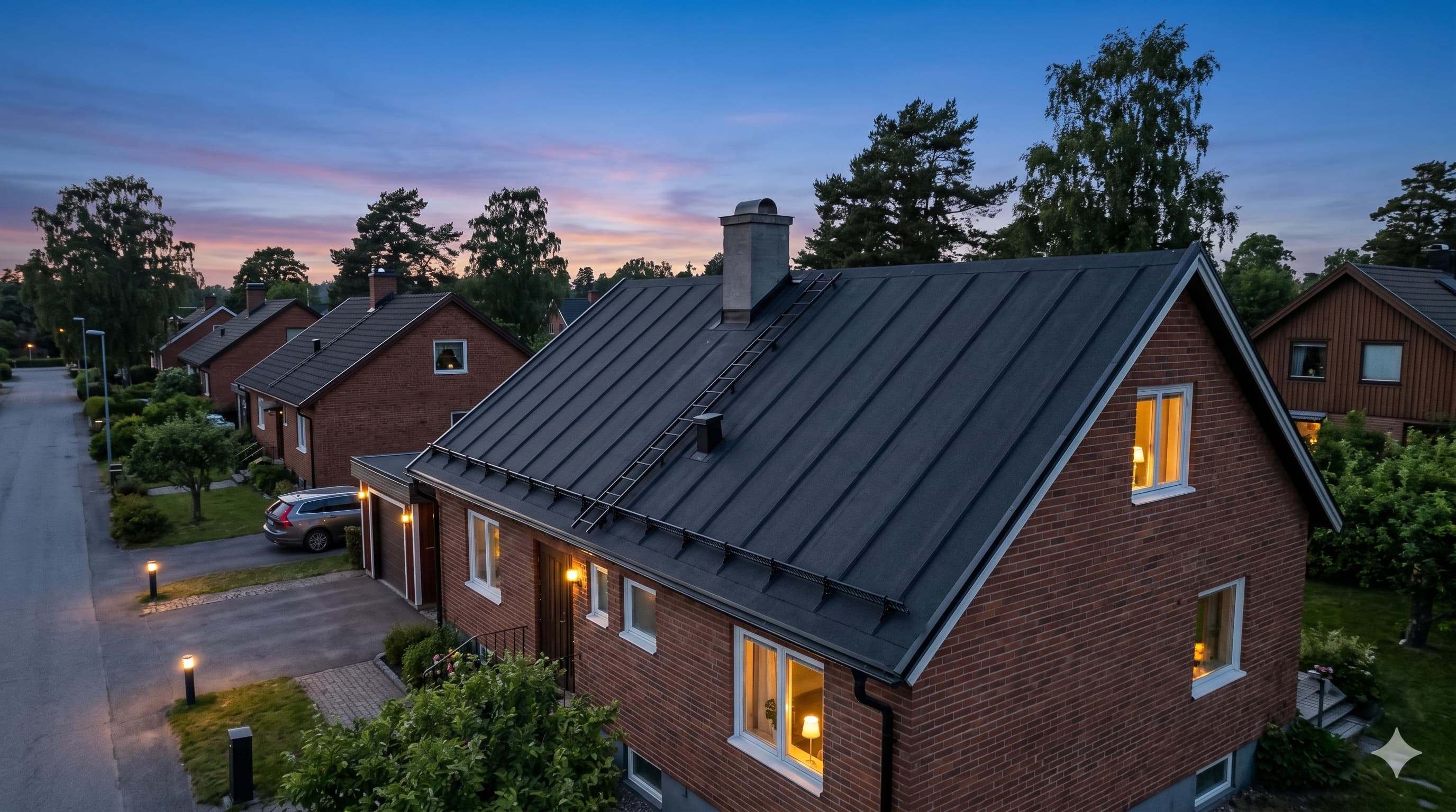 Villa med nytt plåttak i skymning
